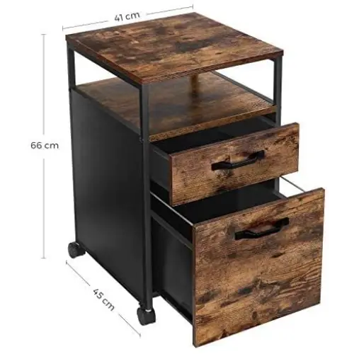 File Cabinet with 2 Drawers Wheels and Open Compartment Rustic Brown and Black - Home & Garden > Home Office
