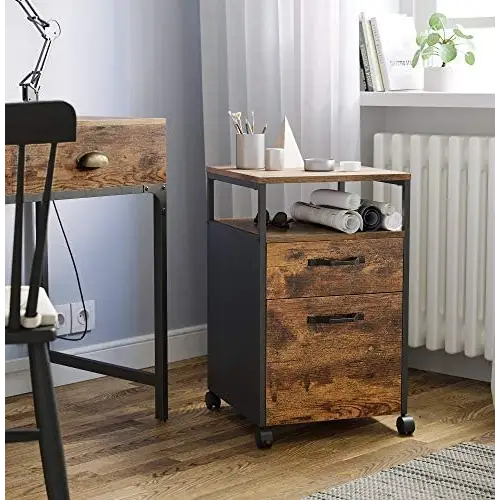 File Cabinet with 2 Drawers Wheels and Open Compartment Rustic Brown and Black - Home & Garden > Home Office