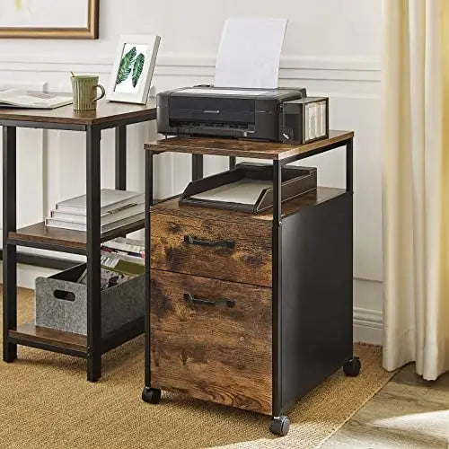 File Cabinet with 2 Drawers Wheels and Open Compartment Rustic Brown and Black - Home & Garden > Home Office