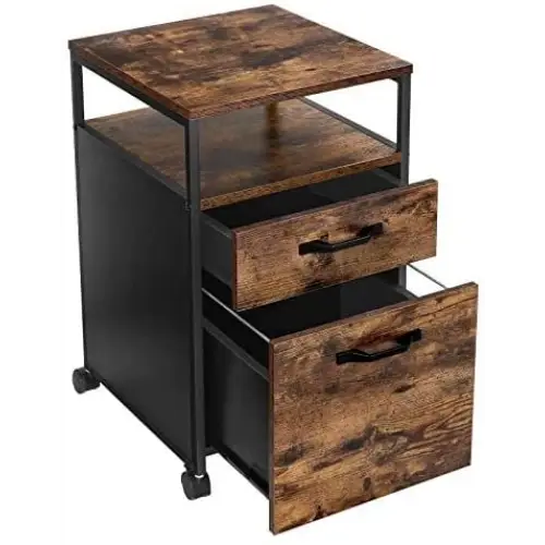 File Cabinet with 2 Drawers Wheels and Open Compartment Rustic Brown and Black - Home & Garden > Home Office