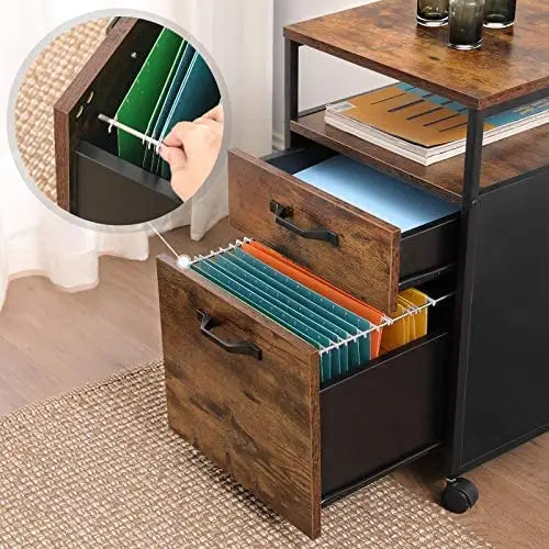 File Cabinet with 2 Drawers Wheels and Open Compartment Rustic Brown and Black - Home & Garden > Home Office