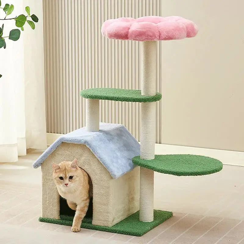 Floral Cat Tree with Cozy Hideaway and Scratching Posts (55x38x92 cm) - Pet Care > Cat Supplies > Cat Furniture
