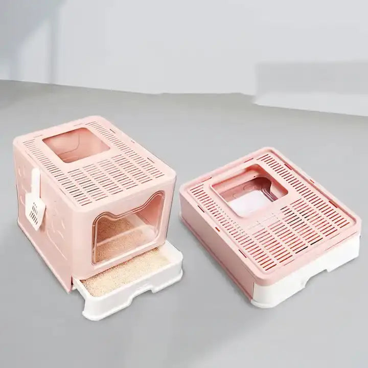 Foldable Cat Litter Box with Pull-Out Tray -Easy Cleaning and Anti-Splash Design Pink 51*41*38cm - Pet Care > Cat