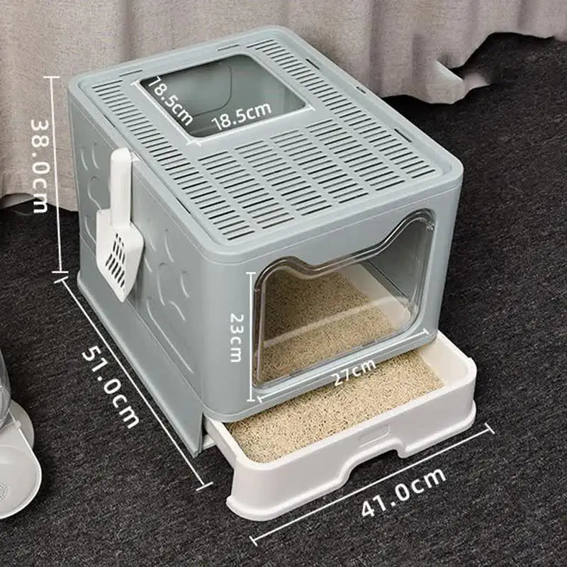 Foldable Cat Litter Box with Pull-Out Tray -Easy Cleaning and Anti-Splash Design Blue 51*41*38cm - Pet Care > Cat