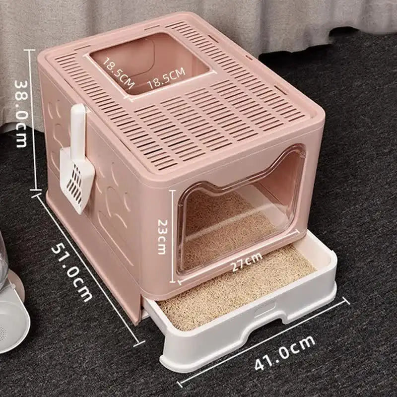 Foldable Cat Litter Box with Pull-Out Tray -Easy Cleaning and Anti-Splash Design Pink 51*41*38cm - Pet Care > Cat