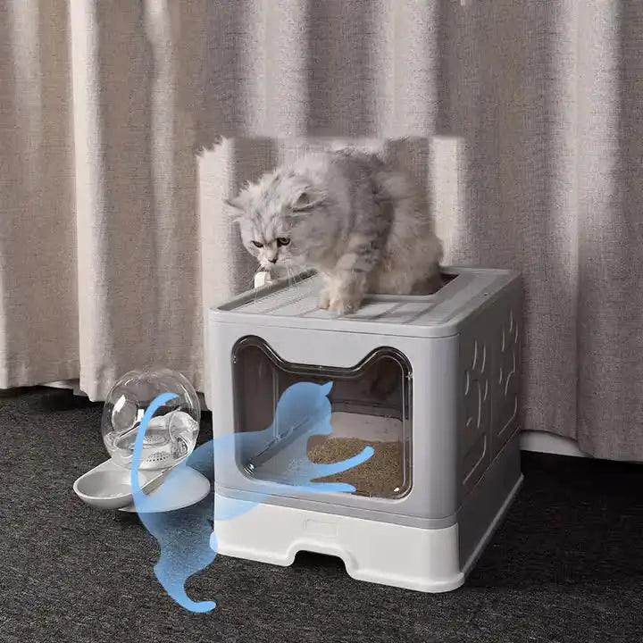 Foldable Cat Litter Box with Pull-Out Tray -Easy Cleaning and Anti-Splash Design Grey 51*41*38cm - Pet Care > Cat
