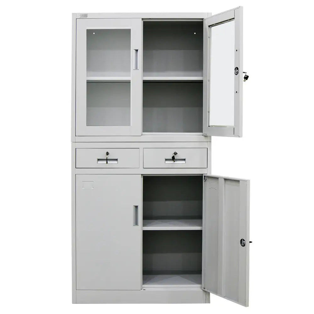 FORTIA 4-Door Lockable Steel Stationery Storage Cabinet Display Windows 2 Drawers Grey - Furniture > Office