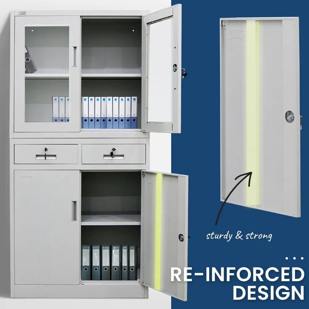 FORTIA 4-Door Lockable Steel Stationery Storage Cabinet Display Windows 2 Drawers Grey - Furniture > Office
