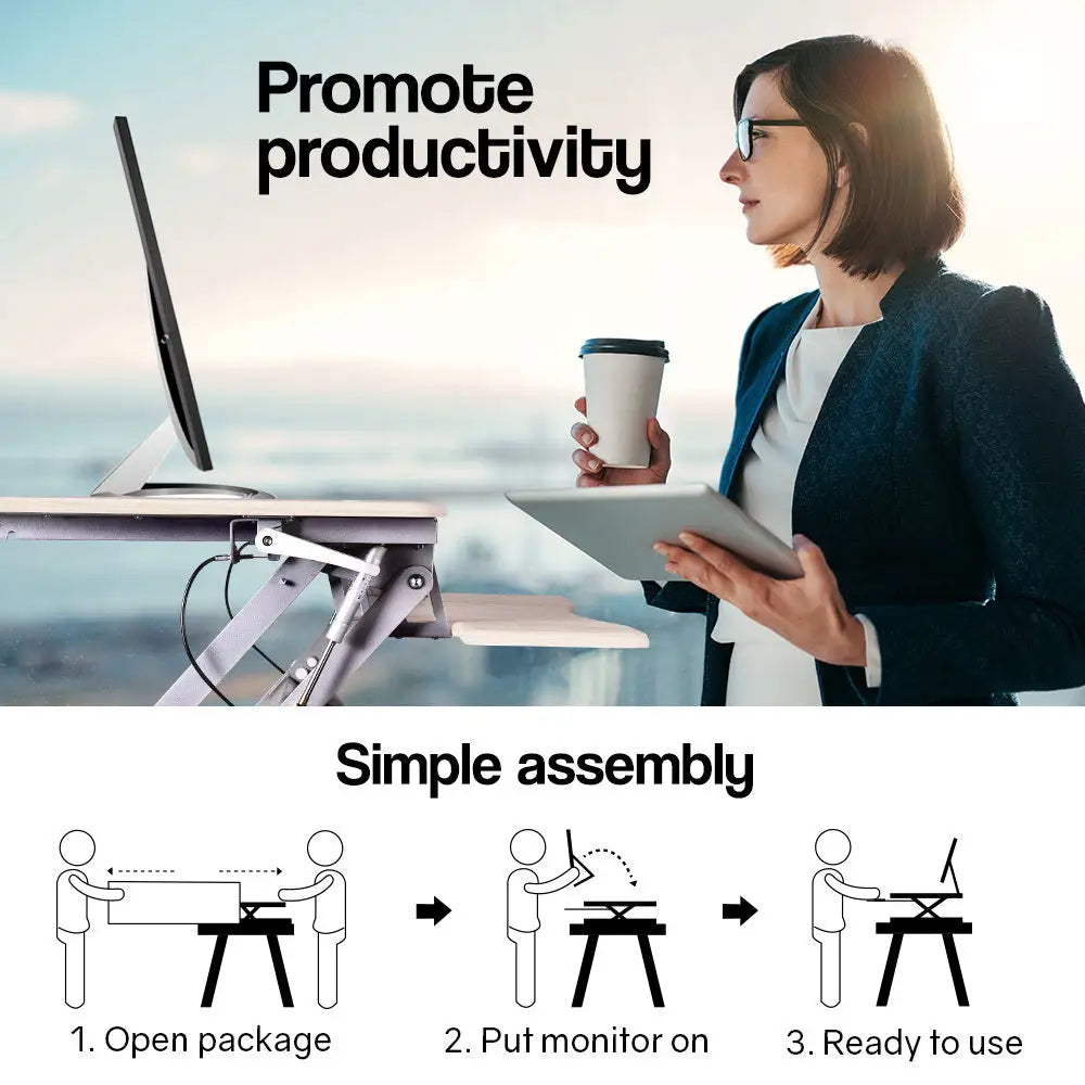 Fortia Desk Riser 90cm Wide Adjustable Sit to Stand for Dual Monitor Keyboard Laptop Beech - Furniture > Office