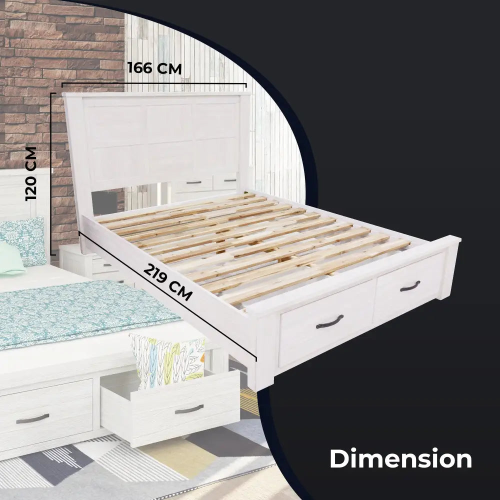 Foxglove Bed Frame Queen Size Timber Mattress Base With Storage Drawers - White - Furniture > Bedroom > Beds & Bed