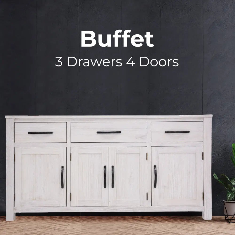 Foxglove Buffet Table 158cm 4 Door 3 Drawer Solid Mt Ash Timber Wood - White - Furniture > Living Room