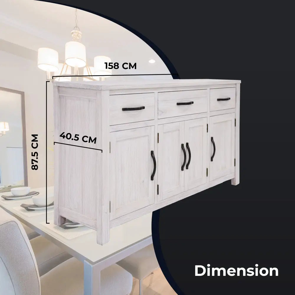 Foxglove Buffet Table 158cm 4 Door 3 Drawer Solid Mt Ash Timber Wood - White - Furniture > Living Room