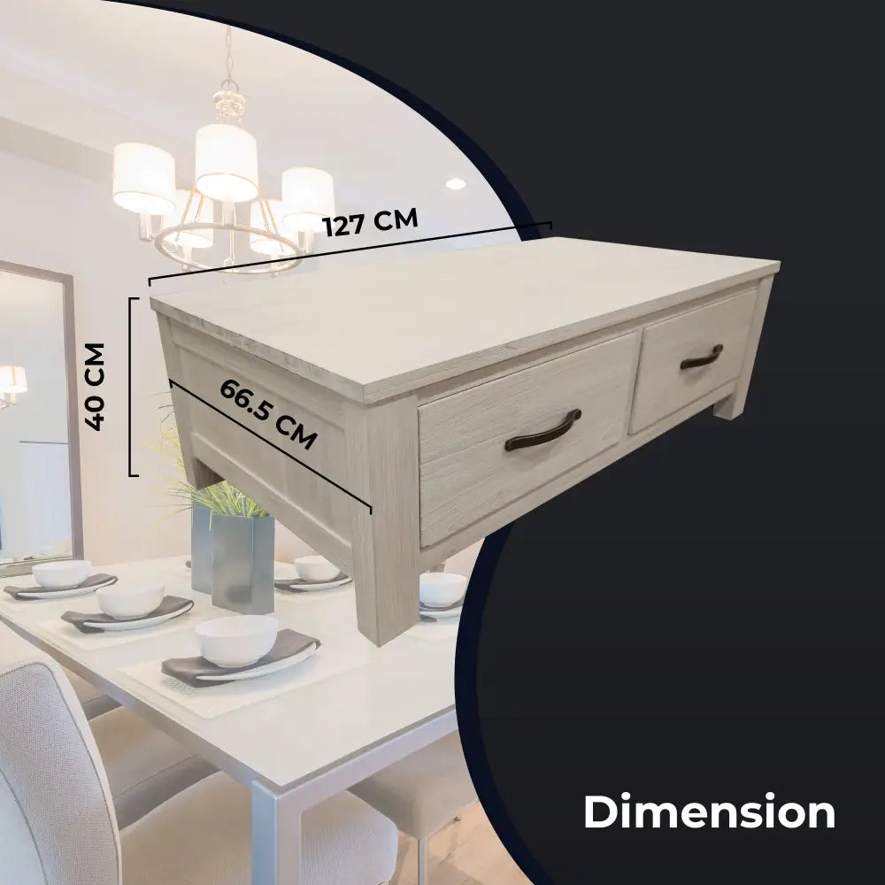 Foxglove Coffee Table 127cm 2 Drawer Solid Mt Ash Timber Wood - White - Furniture > Living Room