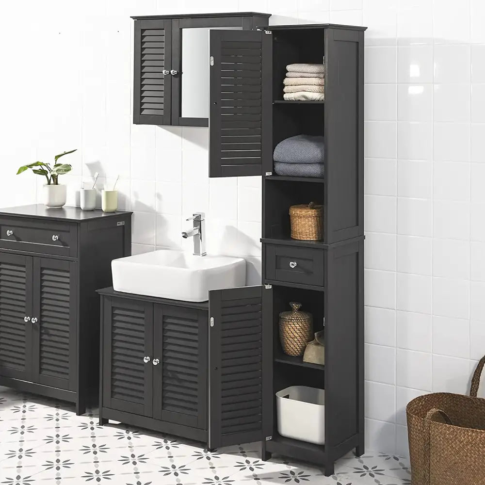Freestanding Tall Bathroom Cabinet 170 x 32 x 30 cm (Black) - Furniture > Bedroom > Beds & Bed Frames