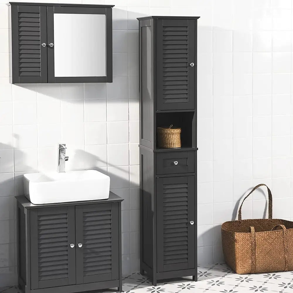 Freestanding Tall Bathroom Cabinet 170 x 32 x 30 cm (Black) - Furniture > Bedroom > Beds & Bed Frames