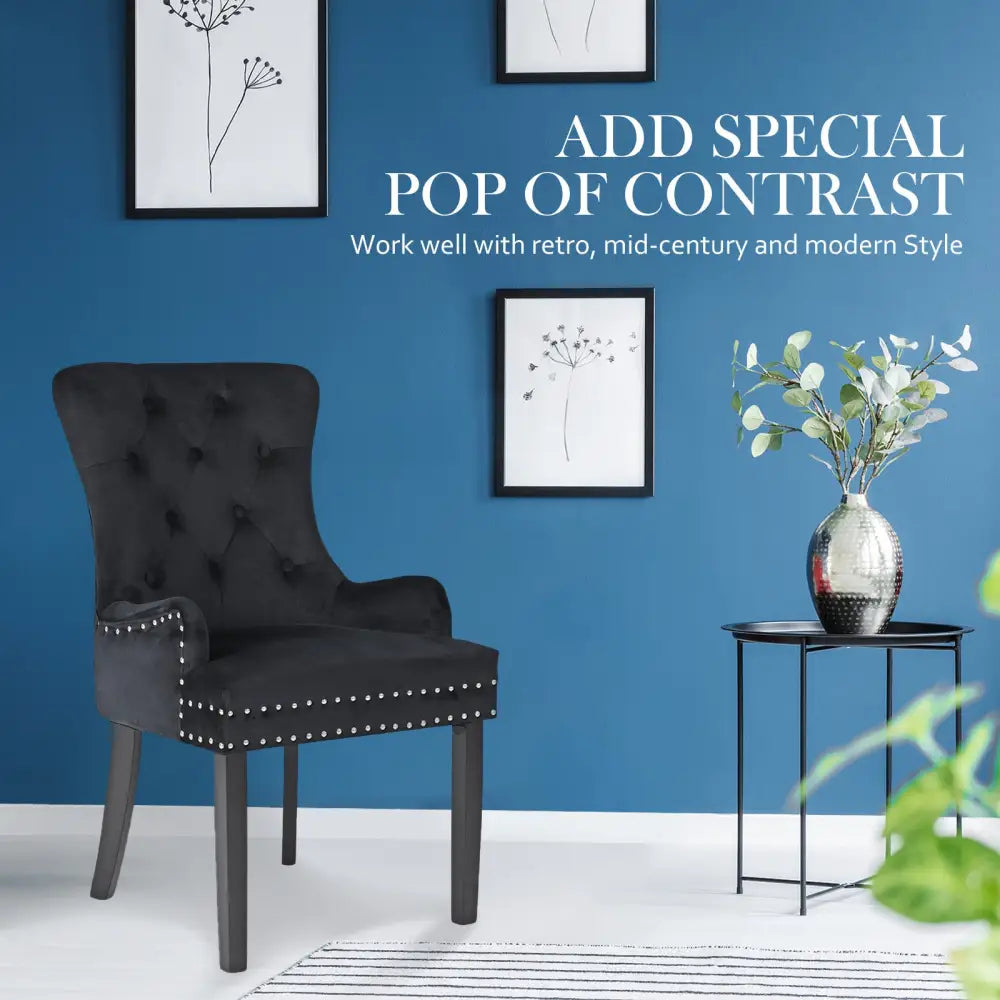 French Provincial Dining Chair Ring Studded Velvet Rubberwood Leg LISSE BLACK - Furniture > Bar Stools & Chairs