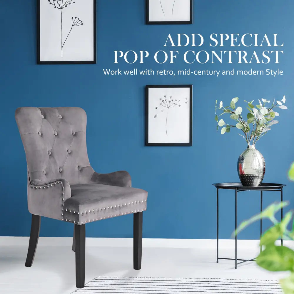 French Provincial Dining Chair Ring Studded Velvet Rubberwood Leg LISSE GREY - Furniture > Bar Stools & Chairs