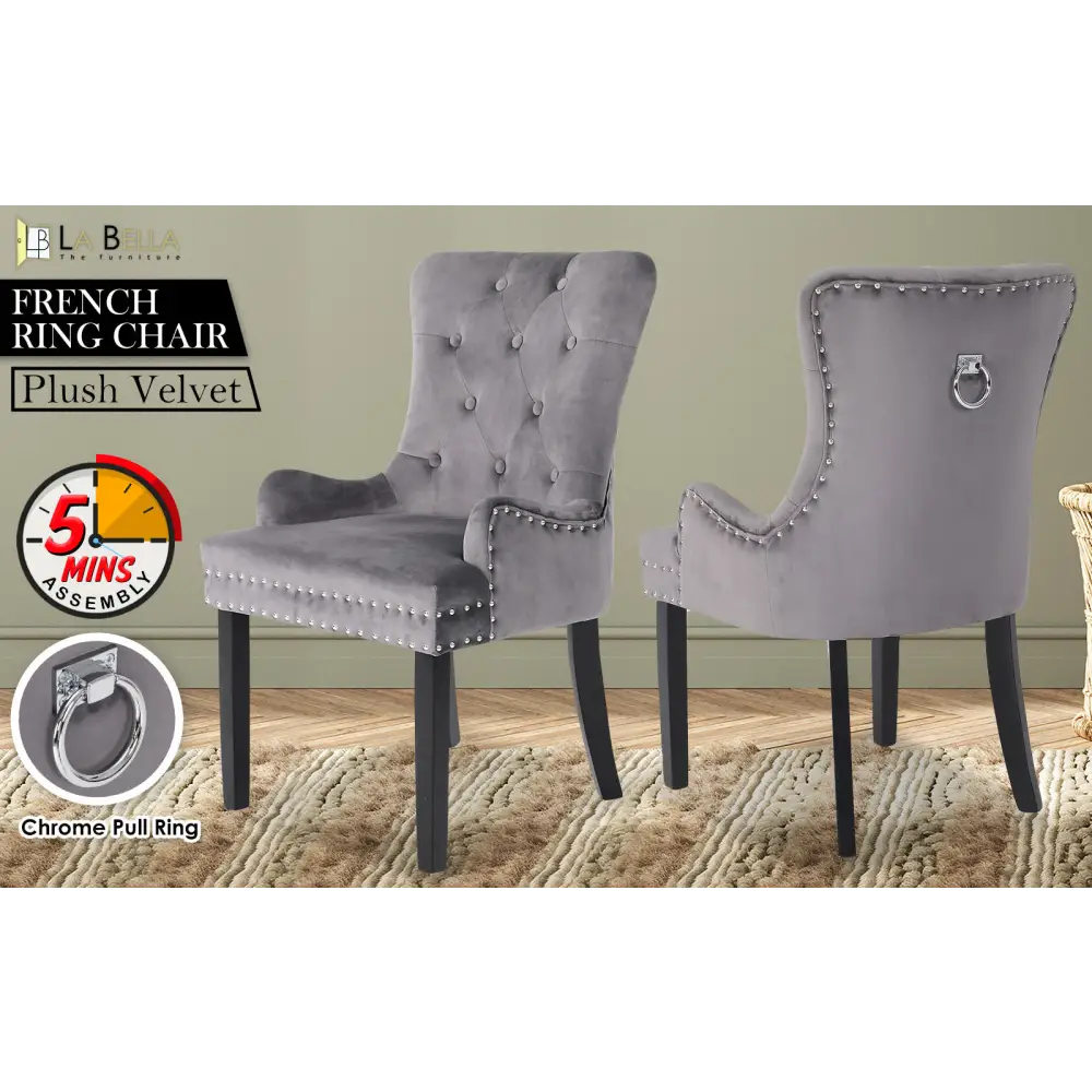 French Provincial Dining Chair Ring Studded Velvet Rubberwood Leg LISSE GREY - Furniture > Bar Stools & Chairs
