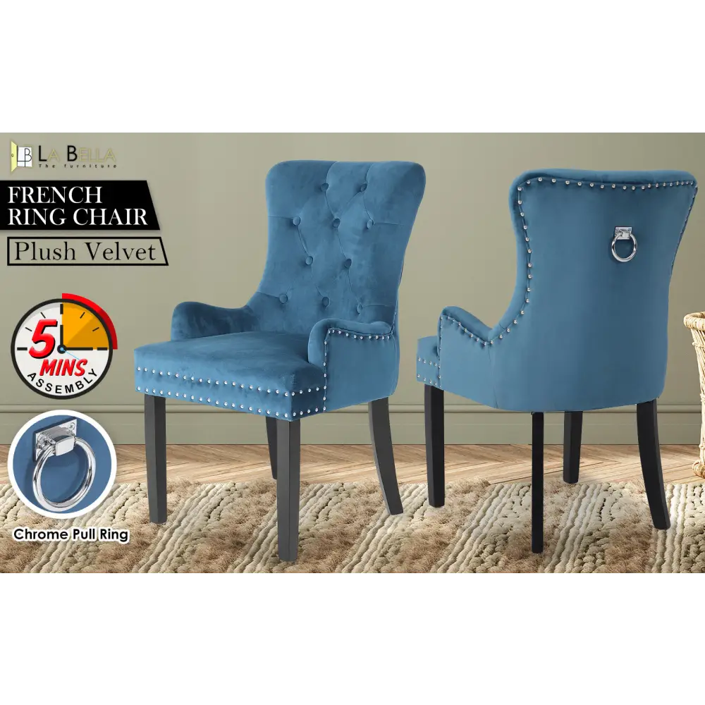 French Provincial Dining Chair Ring Studded Velvet Rubberwood Leg LISSE NAVY BLUE - Furniture > Bar Stools & Chairs