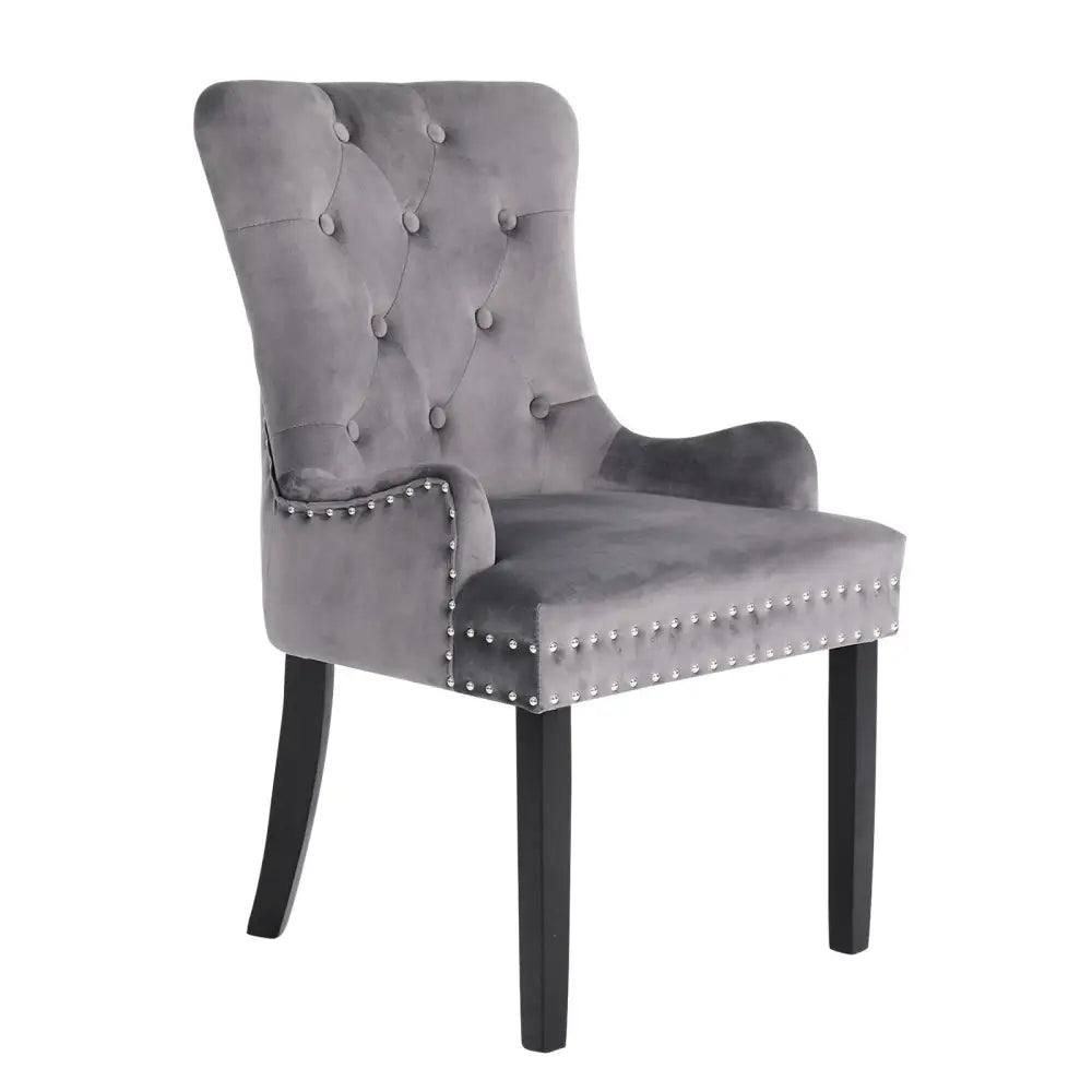 French Provincial Dining Chair Ring Studded Velvet Rubberwood Leg LISSE GREY - Furniture > Bar Stools & Chairs