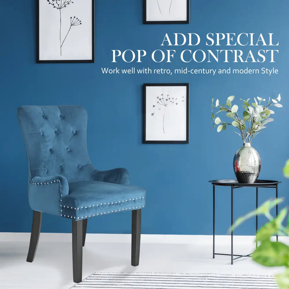 French Provincial Dining Chair Ring Studded Velvet Rubberwood Leg LISSE NAVY BLUE - Furniture > Bar Stools & Chairs