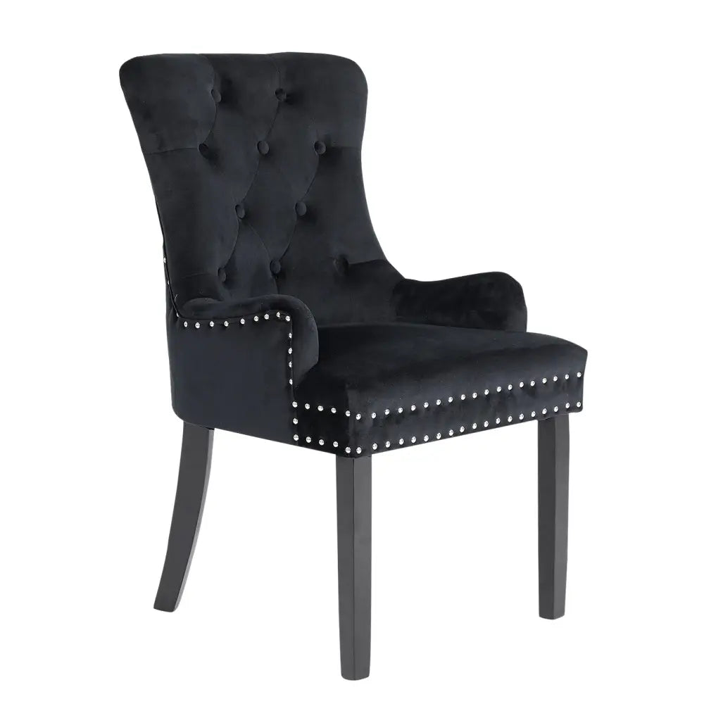 French Provincial Dining Chair Ring Studded Velvet Rubberwood Leg LISSE BLACK - Furniture > Bar Stools & Chairs