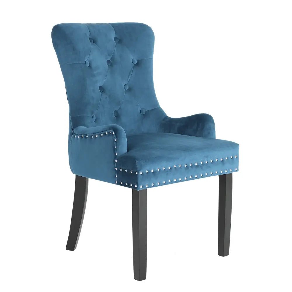 French Provincial Dining Chair Ring Studded Velvet Rubberwood Leg LISSE NAVY BLUE - Furniture > Bar Stools & Chairs