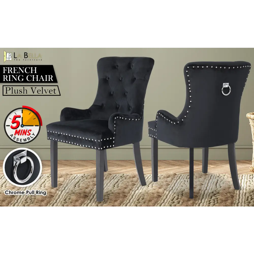 French Provincial Dining Chair Ring Studded Velvet Rubberwood Leg LISSE BLACK - Furniture > Bar Stools & Chairs