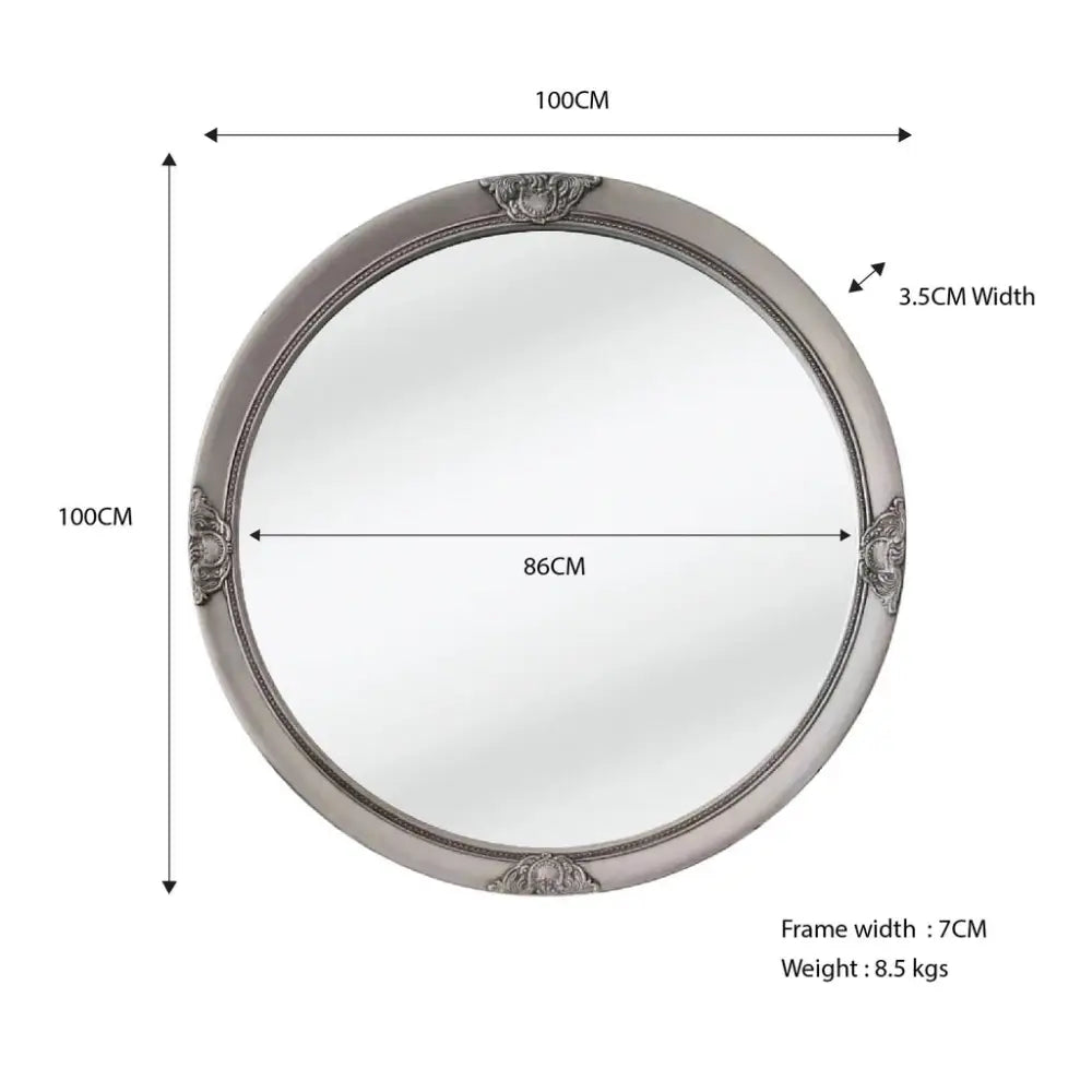French Provincial Ornate Round Mirror - Antique Silver - Home & Garden > Decor