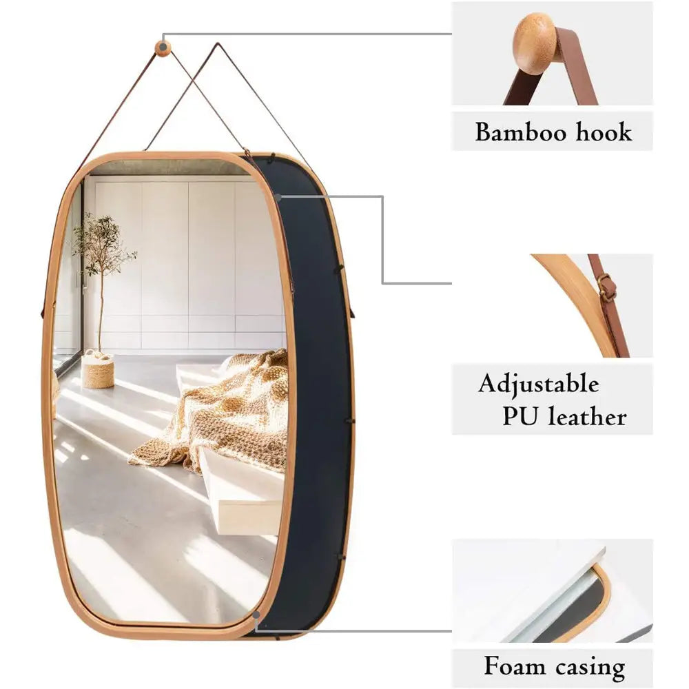 Full Length Bathroom Wall Mount Hanging Bamboo Frame Mirror Adjustable Strap Wall Mirror Home Decor - Home & Garden >