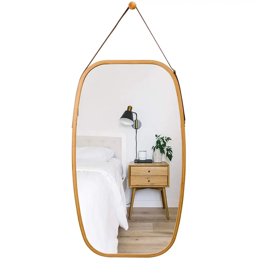Full Length Bathroom Wall Mount Hanging Bamboo Frame Mirror Adjustable Strap Wall Mirror Home Decor - Home & Garden >