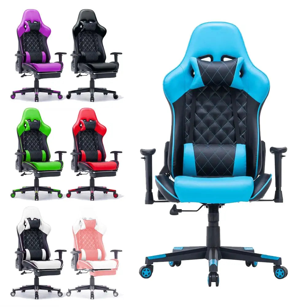 Gaming Chair Ergonomic Racing chair 165° Reclining Gaming Seat 3D Armrest Footrest Black Blue - Furniture > Bar Stools