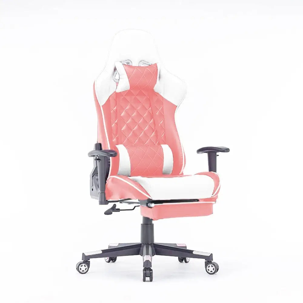 Gaming Chair Ergonomic Racing chair 165° Reclining Gaming Seat 3D Armrest Footrest Pink White - Furniture > Bar Stools