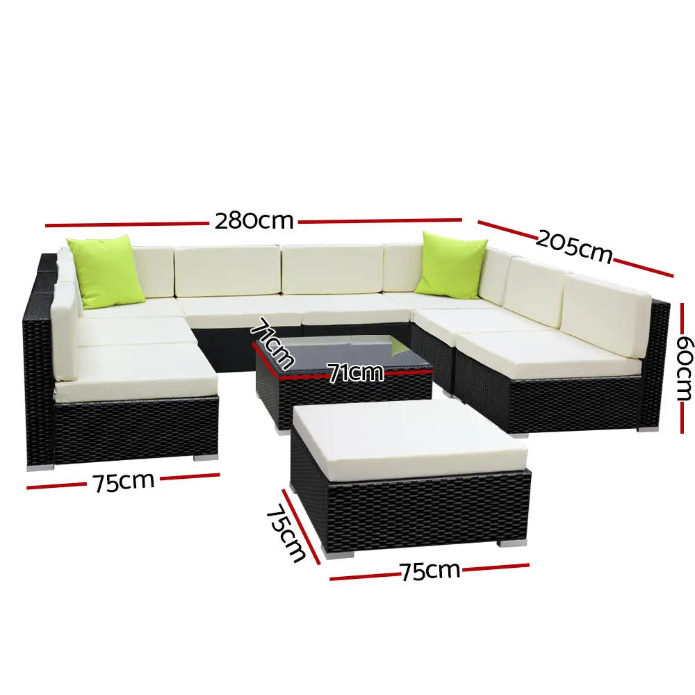 Gardeon 10-Piece Outdoor Sofa Set Wicker Couch Lounge Setting 9 Seater - Furniture > Outdoor