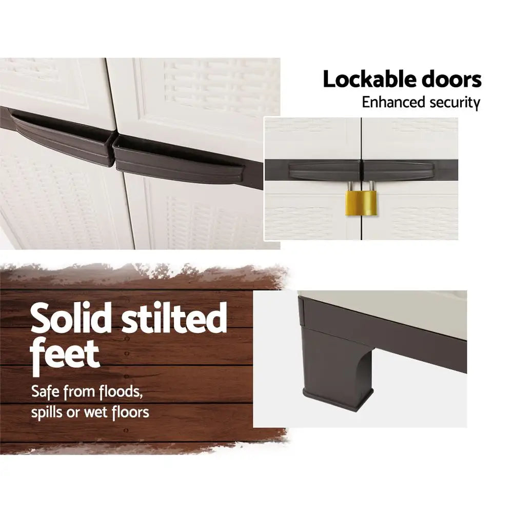 Gardeon 173cm Outdoor Storage Cabinet Box Lockable Cupboard Sheds Adjustable Rattan Beige - Home & Garden > Storage