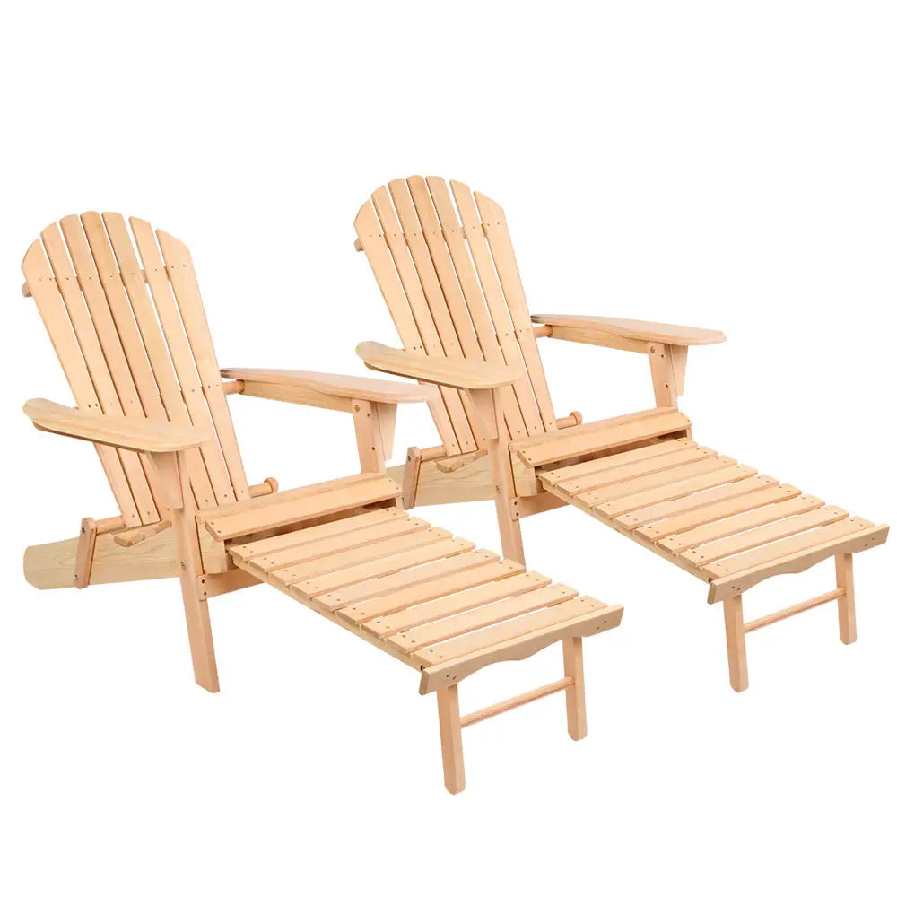 Gardeon 2PC Adirondack Outdoor Chairs Wooden Sun Lounge Patio Furniture Garden Natural - Furniture > Outdoor