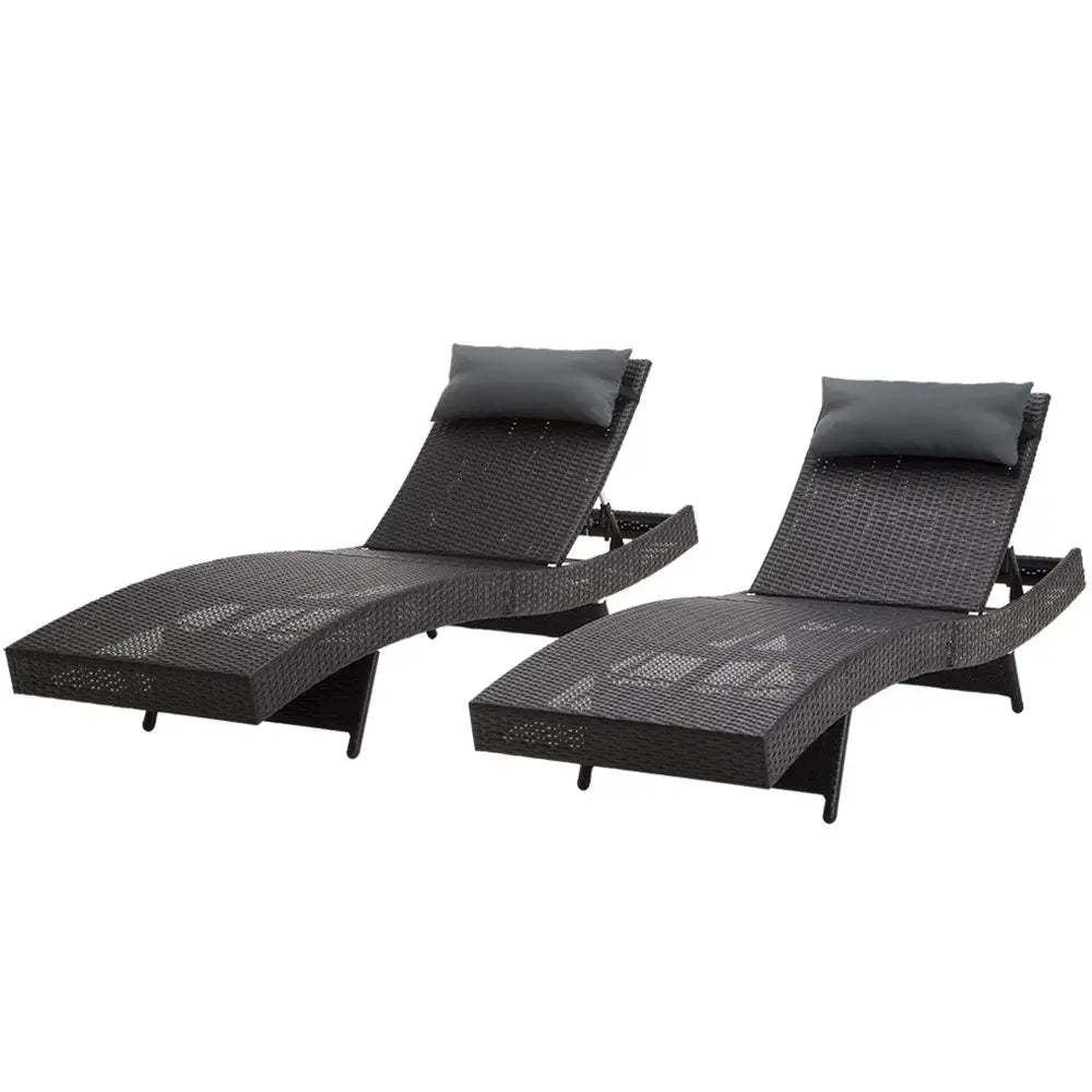 Gardeon 2PC Sun Lounge Wicker Lounger Outdoor Furniture Beach Chair Garden Adjustable Black - Furniture > Outdoor