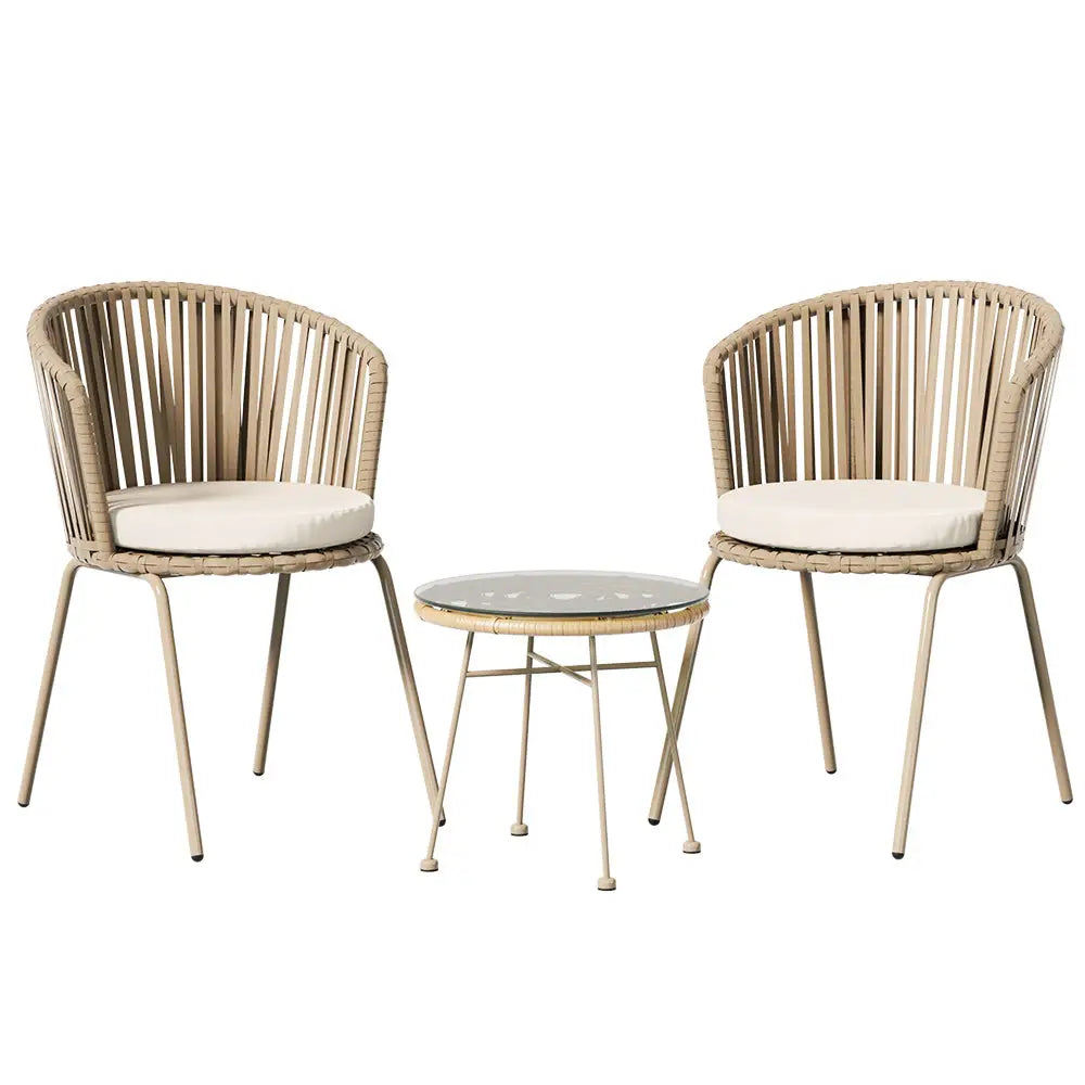 Gardeon 3PC Outdoor Bistro Set Patio Furniture Rope Setting Chairs Table Beige - Furniture > Outdoor