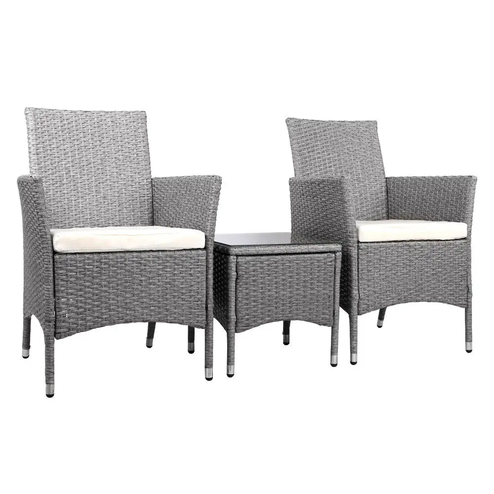 Gardeon 3PC Outdoor Bistro Set Patio Furniture Wicker Setting Chairs Table Cushion Grey - Furniture > Outdoor