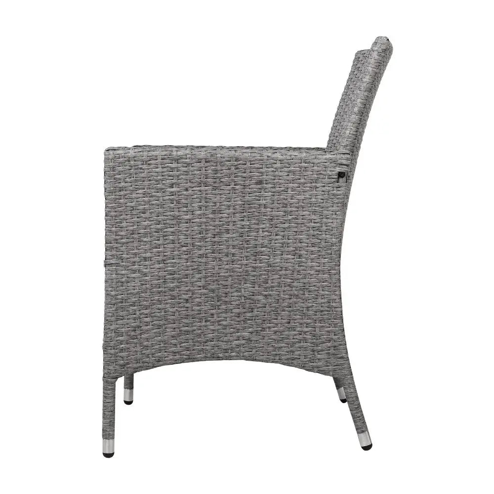 Gardeon 3PC Outdoor Bistro Set Patio Furniture Wicker Setting Chairs Table Cushion Grey - Furniture > Outdoor