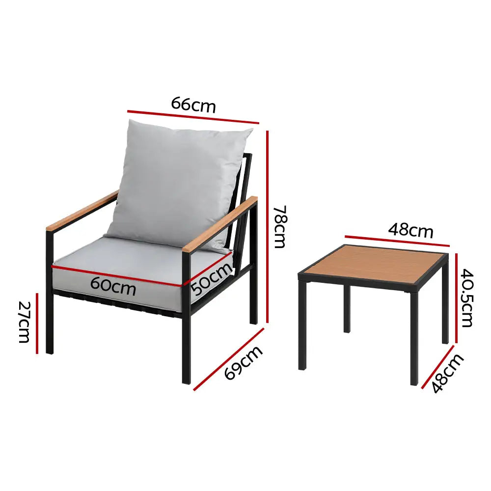 Gardeon 3PC Outdoor Furniture Bistro Set Lounge Setting Chairs Table Patio Black - Furniture > Outdoor