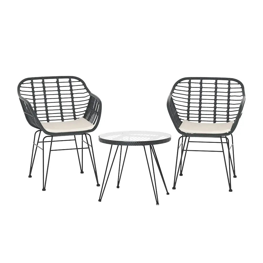 Gardeon 3PC Outdoor Furniture Bistro Set Lounge Setting Table Chairs Cushion Patio Grey - Furniture > Outdoor