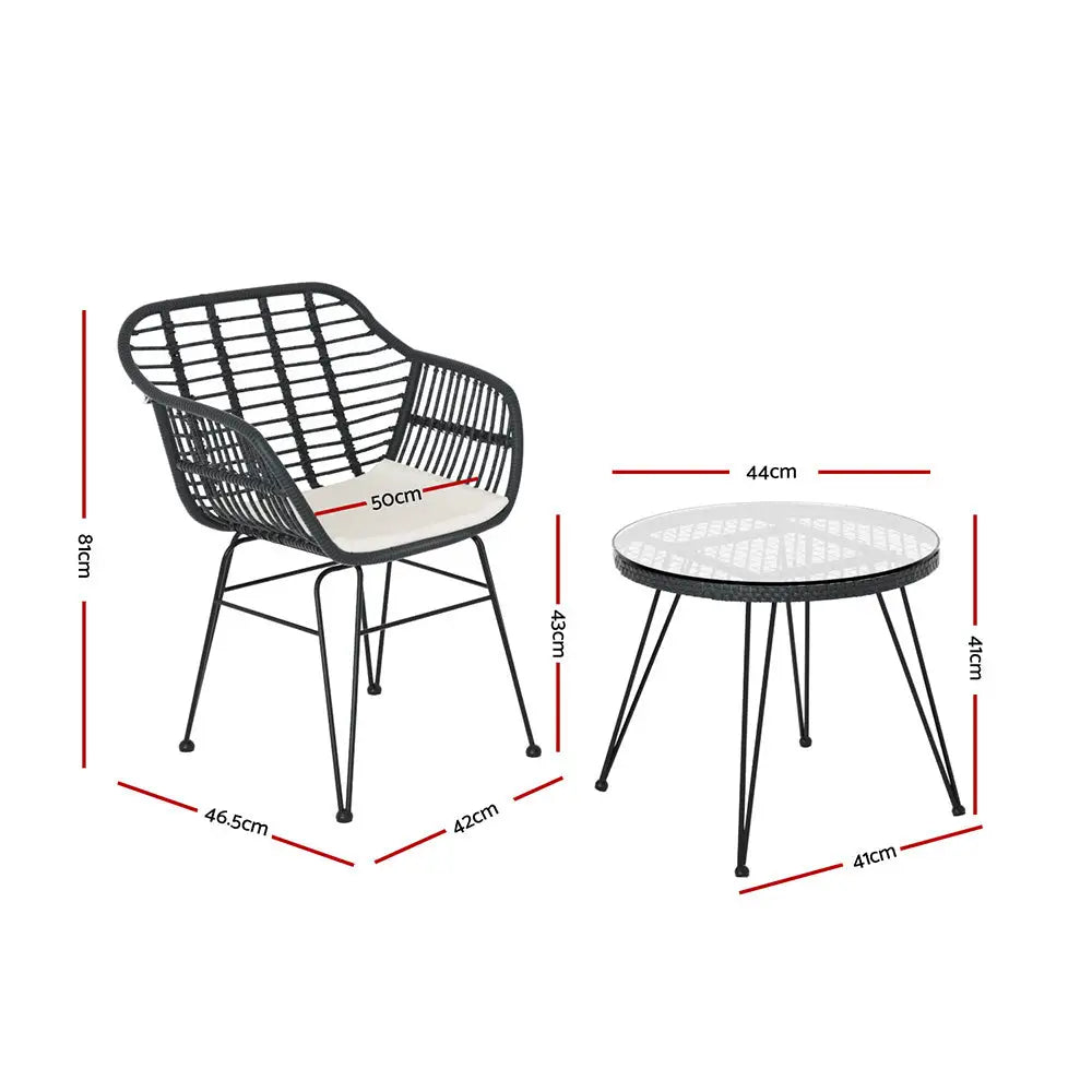 Gardeon 3PC Outdoor Furniture Bistro Set Lounge Setting Table Chairs Cushion Patio Grey - Furniture > Outdoor