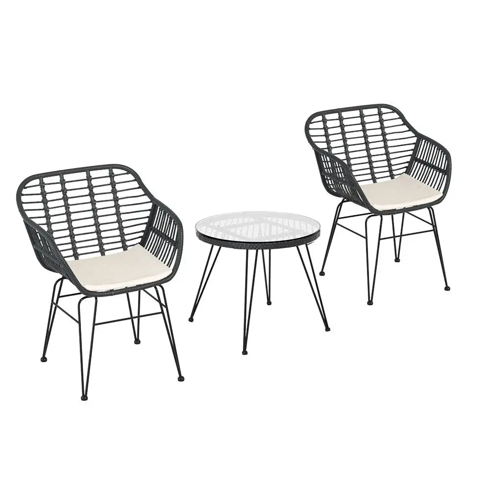 Gardeon 3PC Outdoor Furniture Bistro Set Lounge Setting Table Chairs Cushion Patio Grey - Furniture > Outdoor