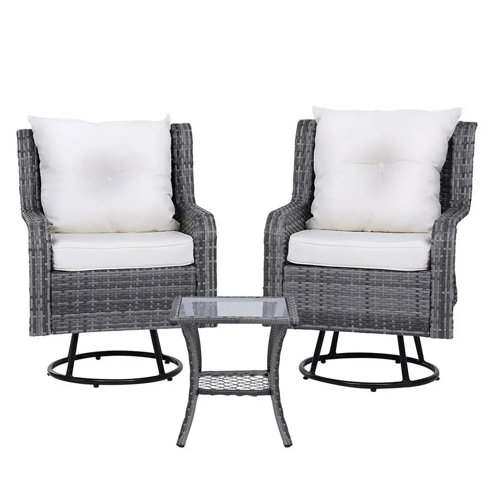 Gardeon 3PC Outdoor Furniture Bistro Set Lounge Wicker Swivel Chairs Table Cushion Grey - Furniture > Outdoor > Outdoor