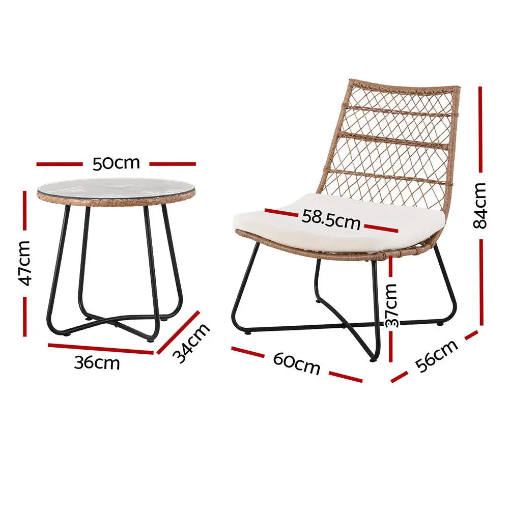 Gardeon 3PC Outdoor Setting Wicker Bistro Set Table Chairs Patio Furniture Brown - Furniture > Outdoor > Outdoor Benches