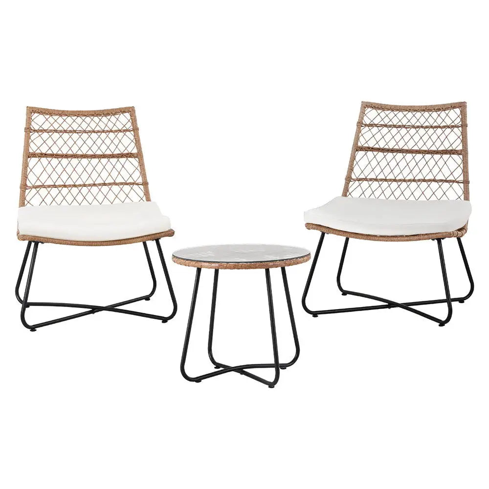 Gardeon 3PC Outdoor Setting Wicker Bistro Set Table Chairs Patio Furniture Brown - Furniture > Outdoor > Outdoor Benches