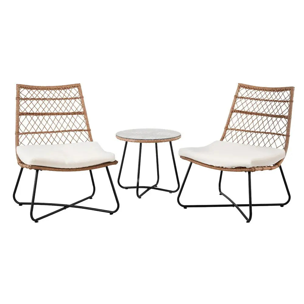 Gardeon 3PC Outdoor Setting Wicker Bistro Set Table Chairs Patio Furniture Brown - Furniture > Outdoor > Outdoor Benches