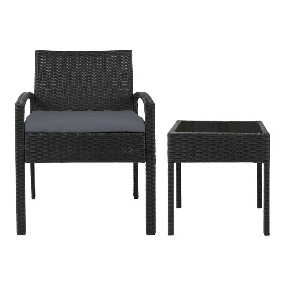 Gardeon 3PC Patio Furniture Bistro Set Wicker Outdoor Lounge Setting Black - Furniture > Outdoor