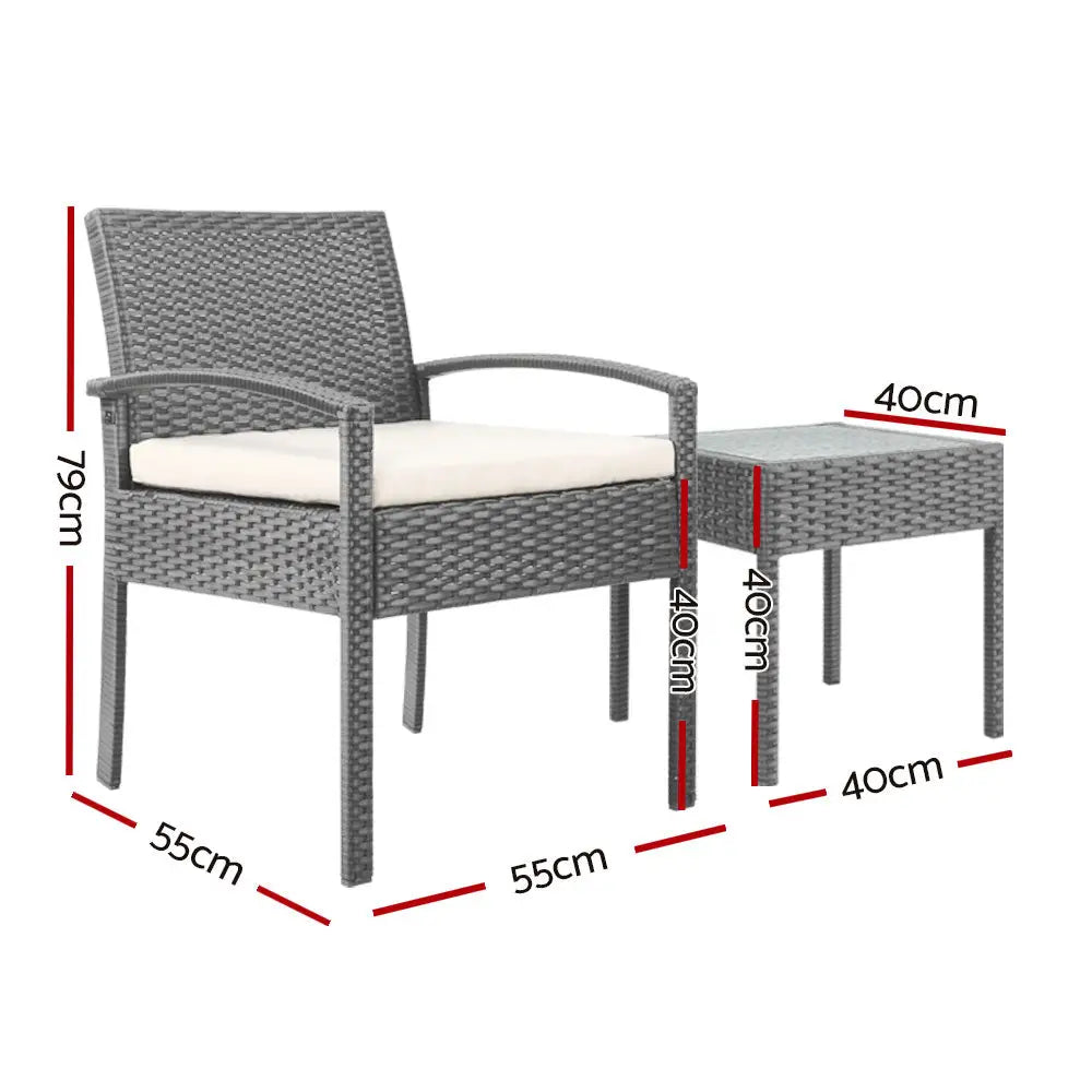 Gardeon 3PC Patio Furniture Bistro Set Wicker Outdoor Lounge Setting Grey - Furniture > Outdoor